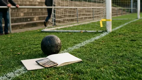 Taschenrechner und aufgeschlagenes Notizbuch auf dem Rasen neben einem Fußball