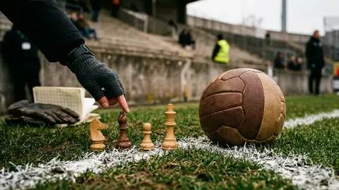 Schachfiguren auf der Seitenlinie eines Fußballrasens neben einem Ball