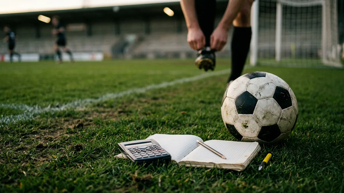 Taschenrechner, aufgeschlagenes Notizbuch und Bleistift auf dem Rasen neben einem Fußball