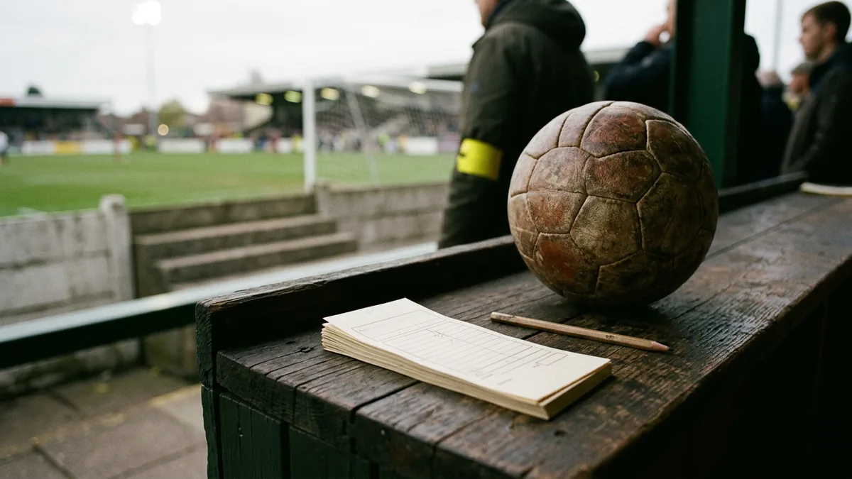 Alter Holztresen mit leeren Wettscheinen, einem Bleistift und einem abgenutzten Lederfußball im warmen Licht