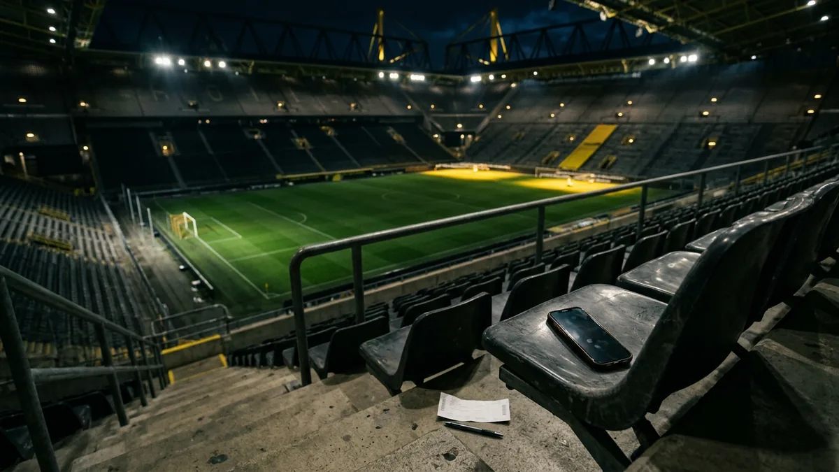 Leeres Fußballstadion im Flutlicht, im Vordergrund liegt ein Smartphone auf einem Tribünensitz