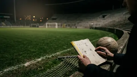 Leeres Fußballstadion bei Nacht mit ausgeschaltetem Flutlicht und schwach beleuchtetem Rasen