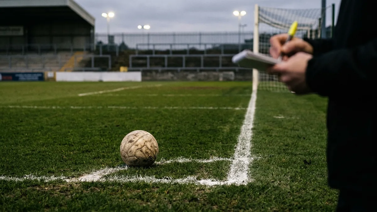 Fußball auf dem Elfmeterpunkt eines leeren Spielfelds unter abendlichem Flutlicht