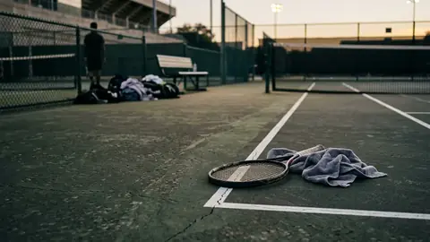 Verlassener Tennisplatz in der Abenddämmerung, ein Schläger und ein Handtuch liegen an der Grundlinie