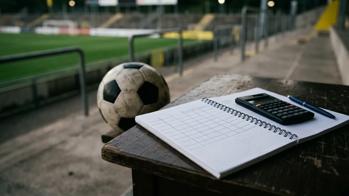 Aufgeschlagenes Notizbuch mit Tabellenlinien, Taschenrechner und Stift, dahinter unscharf ein Fußball