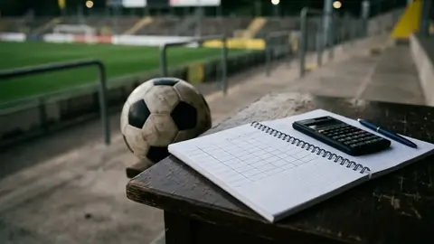 Aufgeschlagenes Notizbuch mit Tabellenlinien, Taschenrechner und Stift, dahinter unscharf ein Fußball