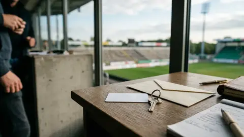 Smartphone neben Notizbuch und Stift auf einem Schreibtisch, daneben ein Fußball im weichen Tageslicht