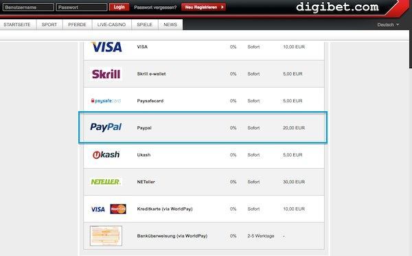 Paypal Zahlung bei digibet