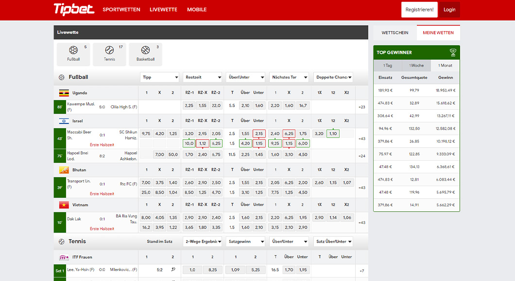 Eher unteres Mittelfeld: Das Livewetten Angebot von Tipbet