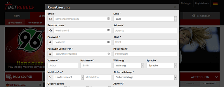 BetRebels Registrierung