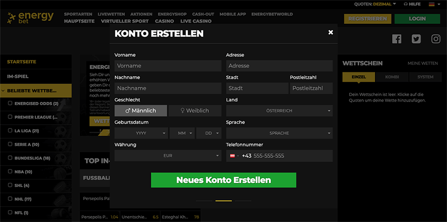 EnergyBet Registrierung