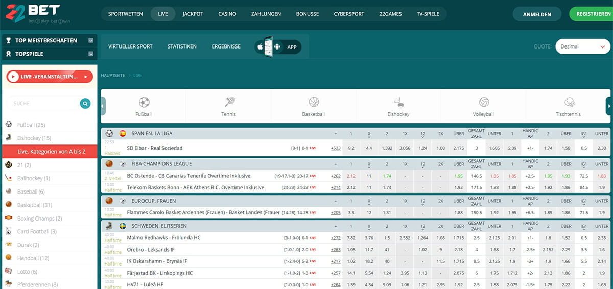 22BET Sport Livewetten
